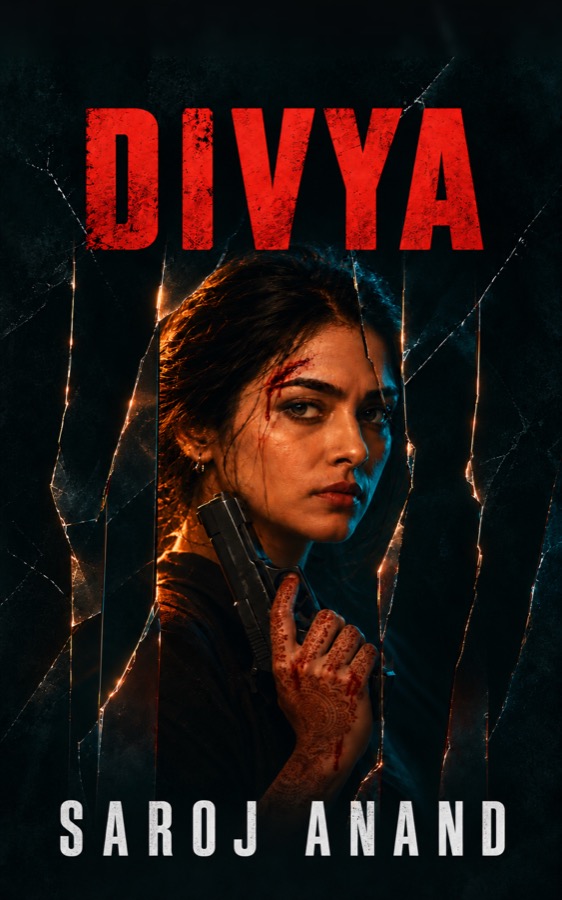 Cover of the novel Divya: a woman holding a pistol, seen through cracked glass