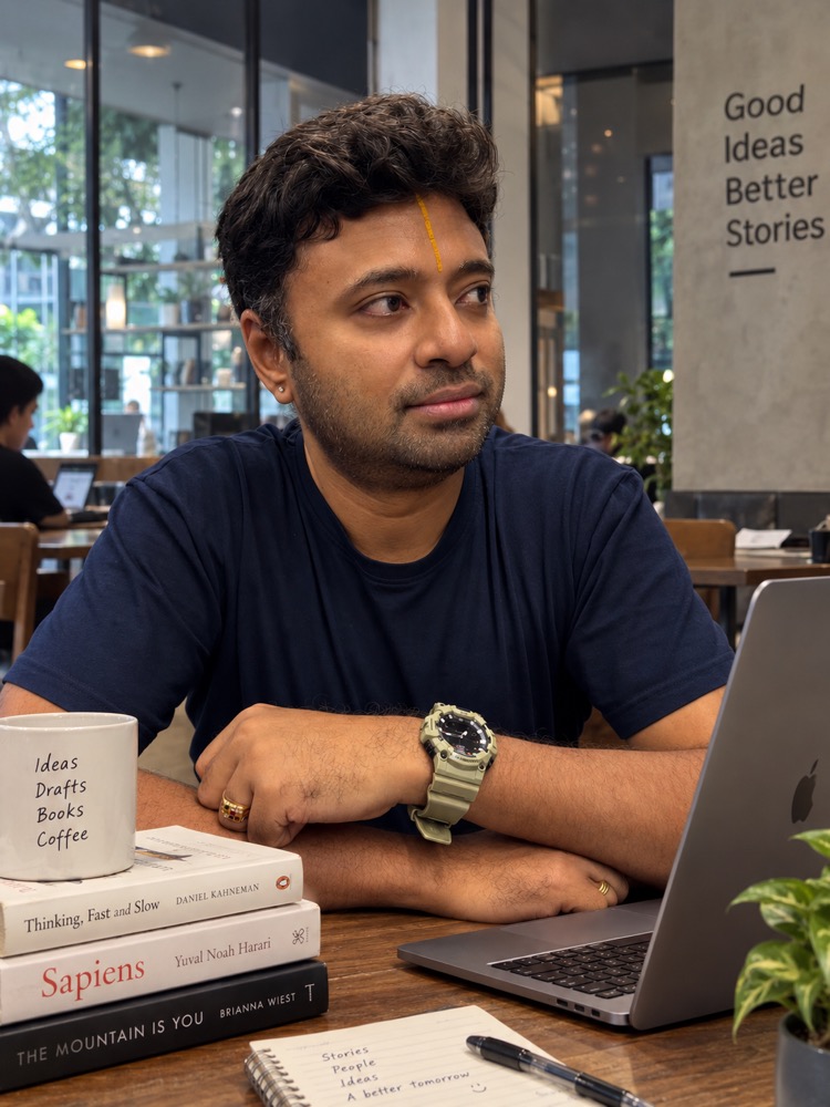 Saroj Anand at a café table, a laptop and a stack of books in front of him